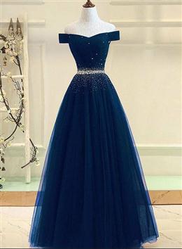 Picture of Charming Navy Blue Off Shoulder Floor Length Beaded Party Dresses, Party Dresses